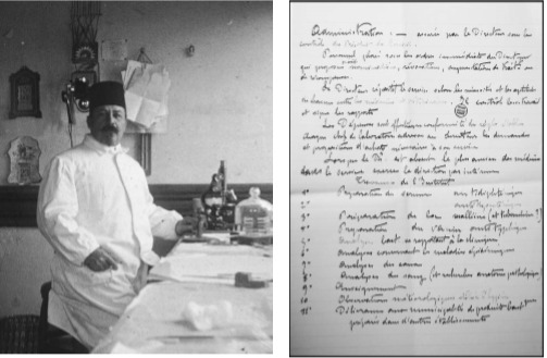 Dr. P.-L. Simond Bakteriyolojihane’deki laboratuvarında çalışırken  ve elyazısı ile Bakteriyolojihane-i Osmani’nin görevleri
